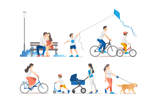 City lifestyle of people in summer time. Man, woman, couple and family walking, talking, riding bicycle, spending time together at urban park. Vector illustration for mobile and web graphics.