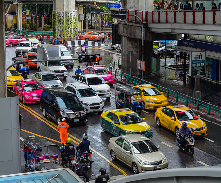 Bangkok, Thailand - Jun 17, 2016. Traffic at downtown in Bangkok, Thailand. Bangkok is the heart of the country investment and development.