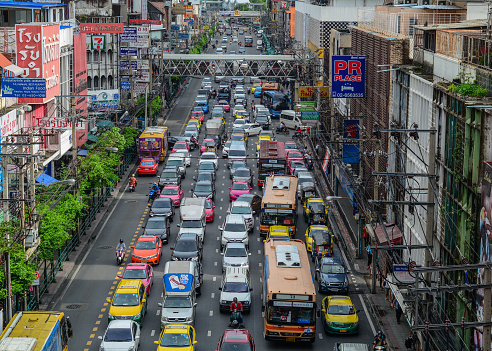 Bangkok, Thailand - Jun 17, 2016. Traffic jam at downtown in Bangkok, Thailand. Bangkok is the heart of the country investment and development.