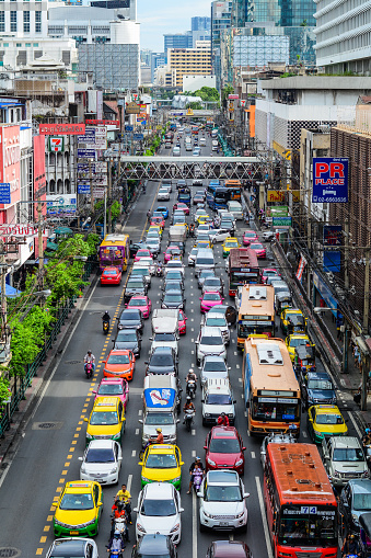 Bangkok, Thailand - Jun 17, 2016. Traffic jam at downtown in Bangkok, Thailand. Bangkok is the heart of the country investment and development.