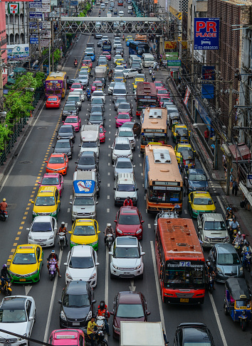 Bangkok, Thailand - Jun 17, 2016. Traffic jam at rush hour in Bangkok, Thailand. Bangkok is the heart of the country investment and development.