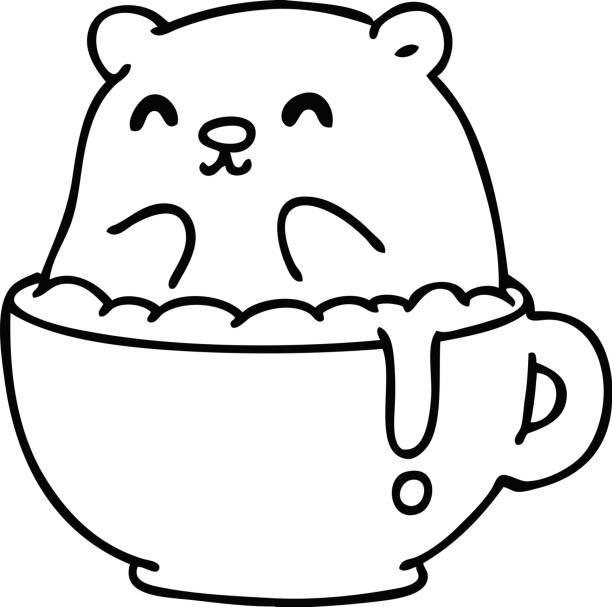 ilustrações, clipart, desenhos animados e ícones de rabiscos de linha de um ursinho sentado em seu café com leite, infelizmente - unfortunately