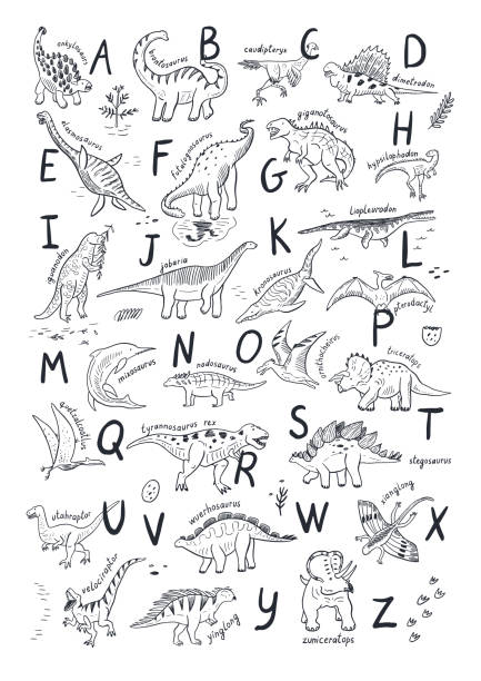 Dinosaur doodle vector alphabet illustrations set. Dinosaur doodle vector alphabet illustrations set. pteranodon stock illustrations