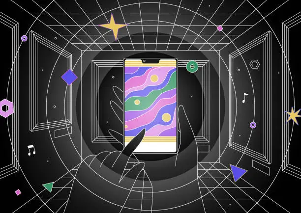 Vector illustration of Hands holding smartphone vertically in an art gallery in real time, augmented reality concept vector illustration