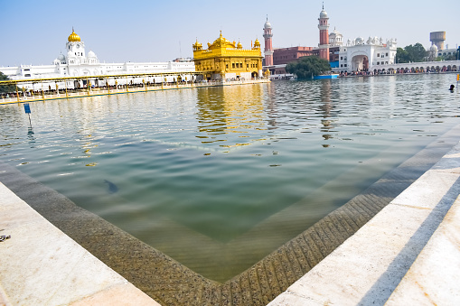 White Palace of Golden Temple in Amritsar, India. The temple is house of worship, of Sikhism and the Sikhs most important pilgrimage site.