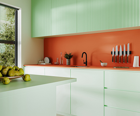 Modern kitchen interior with bright coloured cabinets, window with garden view, 3d rendering