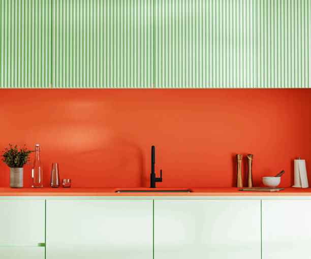 istock Kitchen interior in bright colours, black tap and sink, green  and orange cabinets, kitchen tools, 3d rendering 1471205680