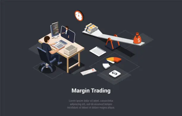 Vector illustration of Margin Trading, Risks and Profits Concept. Man Trader Made Profitable Deal With Broker In Long Position. Male Character Trade With Robot Or Assistant At Home. Isometric 3d Cartoon Vector Illustration