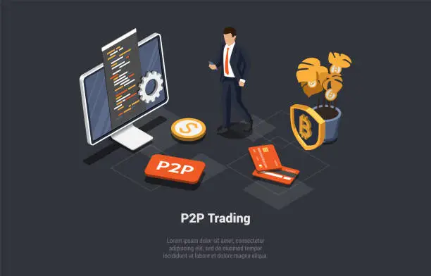 Vector illustration of P2P, Peer to Peer Online Platform For Exchanging Cryptocurrency, Financial Technology Concept. Businessman Serarching Person On Platform To Change Cryptocurrency. Isometric 3d Vector Illustration