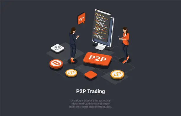 Vector illustration of P2P, Peer to Peer Online Platform For Exchanging Cryptocurrency, Financial Technology Concept. Female Characters Use World P2P Platform On Smartphone To Trade Assets. Isometric 3d Vector Illustration