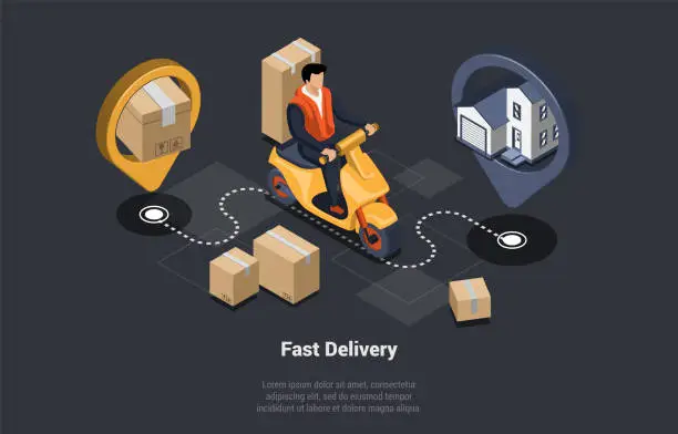 Vector illustration of Mobile Application Online For Courier Delivery Home And Office Service. Male Character Courier With Cardboard Box On Motorbike Delivering Parcel To Customer. Isometric 3d Cartoon Vector Illustration