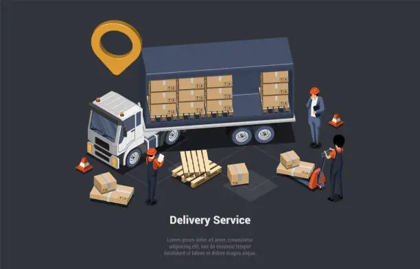 Vector illustration of Delivery Service Truck And Global Logistics Business, Cargo Land Transportation. Workers Loading Cardboard Parcels Into Trailer. Delivery Truck With Cardboard Boxes. Isometric 3d Vector Illustration