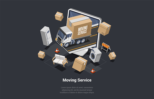 Online Moving House Service Concept. Cardboard Boxes With Various Household Items, Appliances Prepared for Transportation By Truck. Relocation to a New Place. Isometric 3d Cartoon Vector Illustration.