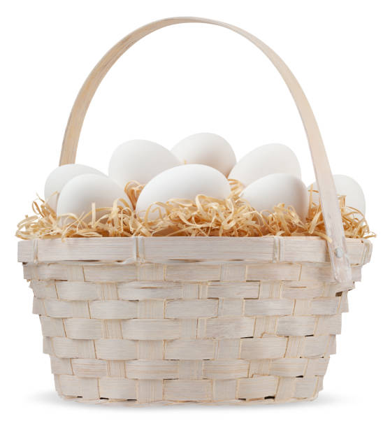 Happy Easter decorations, wicker basket full of white eggs on straw nest isolated on white background, template for label, gift greeting card, advertising promotional shopping banner or ticket price decoraciones de feliz pascua, cesta de mimbre llena de huevos blancos sobre nido de paja aislado sobre fondo blanco, plantilla para etiqueta, tarjeta de felicitación de regalo, banner de compras promocionales publicitarias o precio de boleto