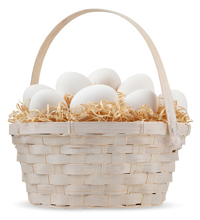 Happy Easter decorations, wicker basket full of white eggs on straw nest isolated on white background, template for label, gift greeting card, advertising promotional shopping banner or ticket price