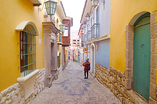 Calle Jaen, an Artistic Narrow Street with Groups of Stunning Colonial Buildings in La Paz, Bolivia, South America, ( Self Portrait )