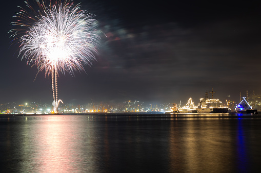 Fireworks in honor of the day of the Russian Navy. Novorossiysk, Russia.