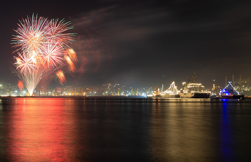 Fireworks in honor of the day of the Russian Navy. Novorossiysk, Russia.