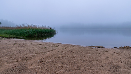 landscape with sandy beach after heavy rain, white fog on the lake, fuzzy contours