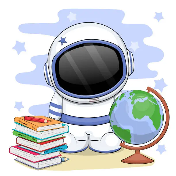 Vector illustration of Cute cartoon astronaut with books and globe.