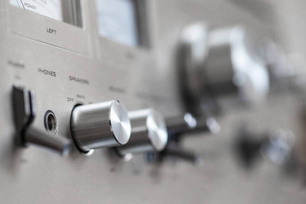 retro vinyl record player with needle, details and control buttons