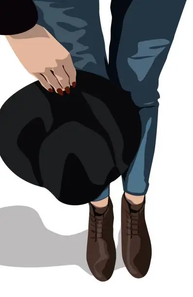 Vector illustration of Legs of a girl in jeans and leather shoes holding a black cowboy hat