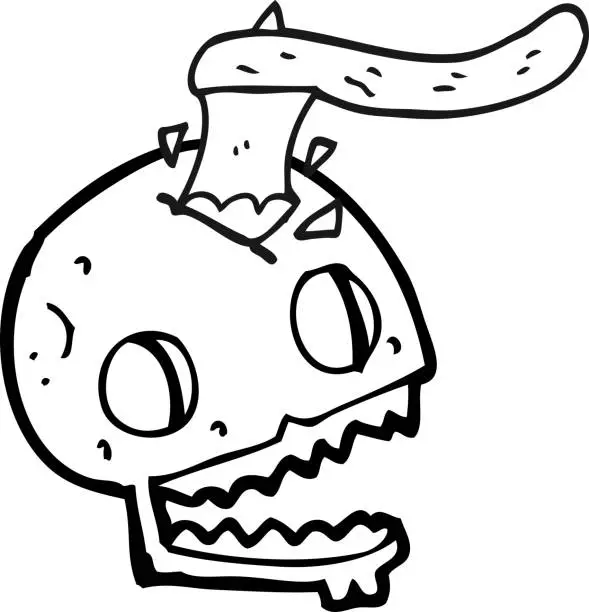 Vector illustration of freehand drawn black and white cartoon axe in skull