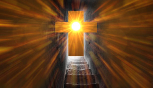 istock Staircase comes to the exit in the form of a cross with sunbeams. Easter and resurrection concept 1471213735
