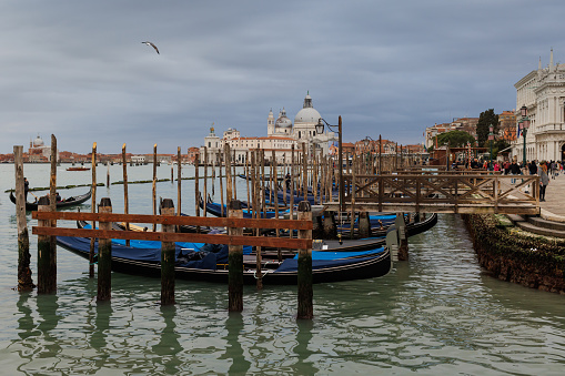 Venice, Italy, February 5, 2023. Typical Gondolas on Grand Canal during winter days
