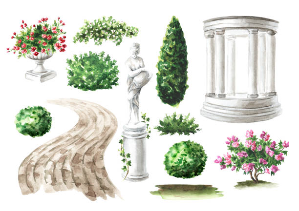 ilustrações de stock, clip art, desenhos animados e ícones de park architecture. garden rotunda, decorative sculpture, walking path, shrubs and flowers. landscape design elements, hand drawn watercolor  illustration  isolated on white background - ceramics column garden pot ceramic