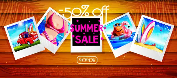 Vector illustration of Summer sale concept in cartoon style. Summer instant print vacation photos with discounts on old wooden background with space for text.