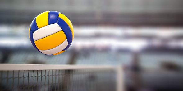 Volleyball ball and net in voleyball arena during a match. 3d illustration