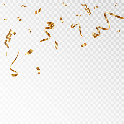 Golden serpentine confetti, falling lace confetti, serpentine, tinsel on transparent background for design and greetings for holiday and anniversary presentations. Vector