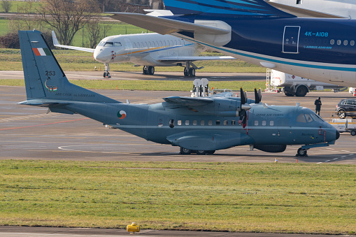 Zurich, Switzerland, January 19, 2023 Irish air corps C-295 propeller plane is parking on the apron due to the world economic forum in Davos