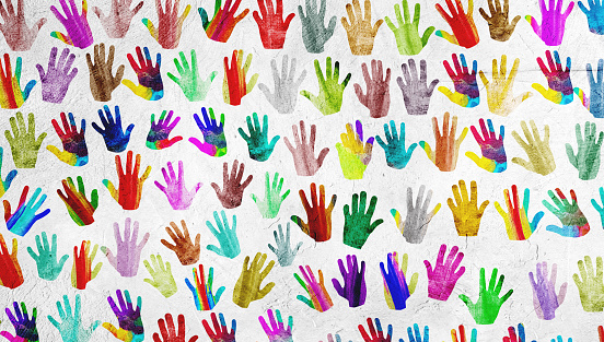 Colorful handprints, seamless pattern.