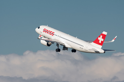 Zurich, Switzerland, January 19, 2023 Swiss international airlines Airbus A320-271N Neo is taking off from runway 28