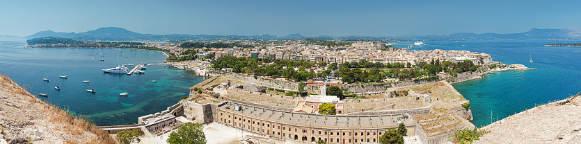 Panoramic view of Kerkyra town and nearby from the Old fortress of Corfu, Greece