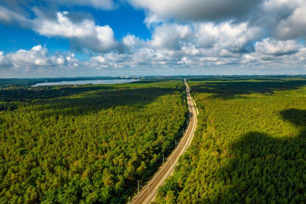 istock Railway through summer forest, aerial view. 1471222245
