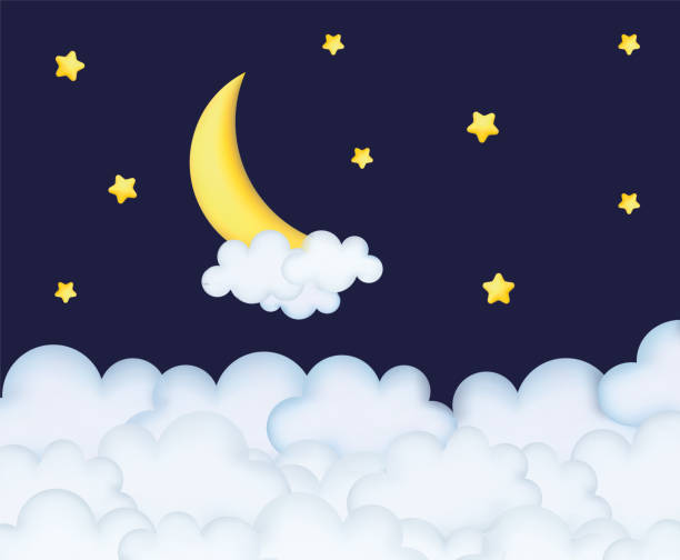 istock Crescent moon, golden stars and white clouds 3d style isolated on blue background. Dream, lullaby, dreams background design for banner, booklet, poster. Vector illustration 1471222452