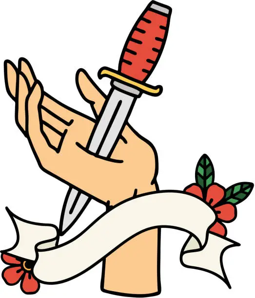 Vector illustration of traditional tattoo with banner of a dagger in the hand