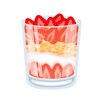 Delicious layered strawberry dessert in a glass drawing. Fresh strawberries, creamy yogurt and crunchy granola vector
