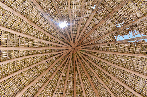 Thatch, Thatched ceiling of wood and palms. Dominican Republic. Punta Cana.