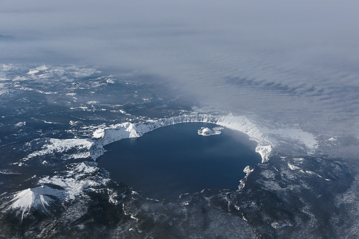 Aerial view of Crater Lake in Oregon during winter