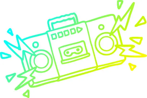 Vector illustration of cold gradient line drawing of a retro cartoon tape cassette player blasting out old rock tunes