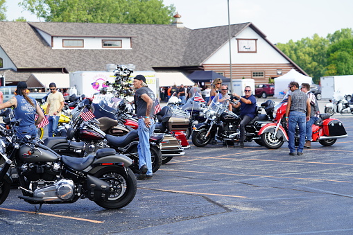 Green bay, Wisconsin / USA - August 23rd, 2020: Many motorcyclist that gathered their motorcycle bikes in front of Vandervest Harley Davidson store for an annual cruise.