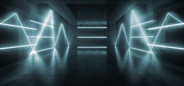 istock Neon Laser Electric Garage Glossy Rough Concrete Dark Bunker Tunnel Corridor Beam Bouncing Dance Stage Show Entrance 3D Rendering 1471229625