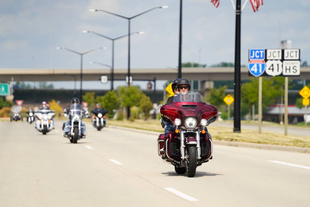 Green bay, Wisconsin / USA - August 23rd, 2020: Many motorcyclist that gathered their motorcycle bikes in front of Vandervest Harley Davidson store for an annual cruise.