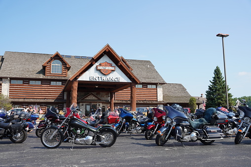 Green bay, Wisconsin / USA - August 23rd, 2020: Many motorcyclist that gathered their motorcycle bikes in front of Vandervest Harley Davidson store for an annual cruise.