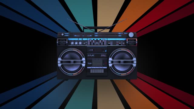 Retro portable stereo radio cassette recorder. seamless loop. Boombox, cassette tape on Vintage Striped Backgrounds, mix tape vintage retro cassette design, Colors from the 1970s 1980s, 70s, 80s, 90s