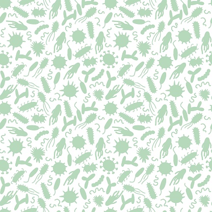 Green silhouette of microorganisms seamless pattern. Hand drawn, doodle style, on white background.